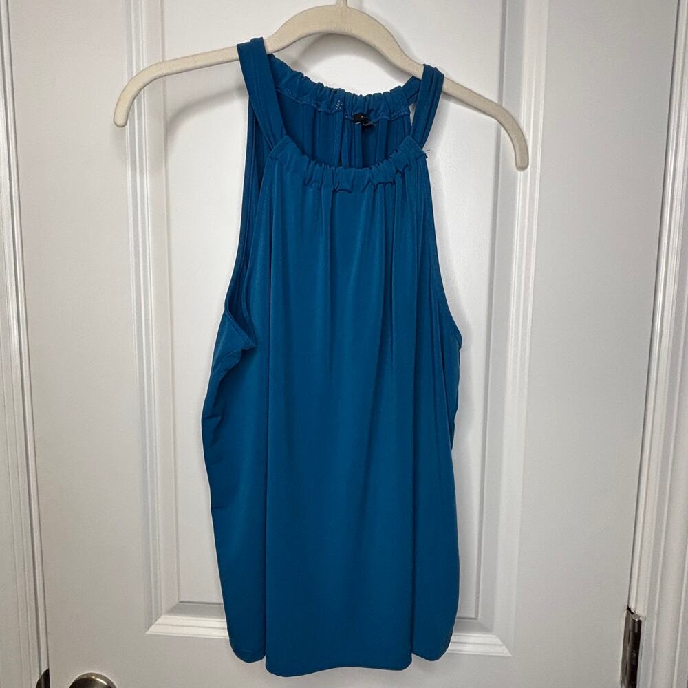 Ann Taylor Teal Gathered Mock Neck Sleeveless Blouse Women's Lg Career Office